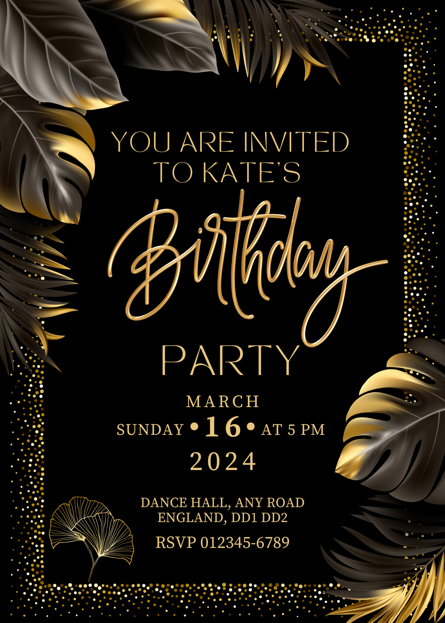 Personalised Black & Gold Birthday Party Invitation A6 - LB Prints