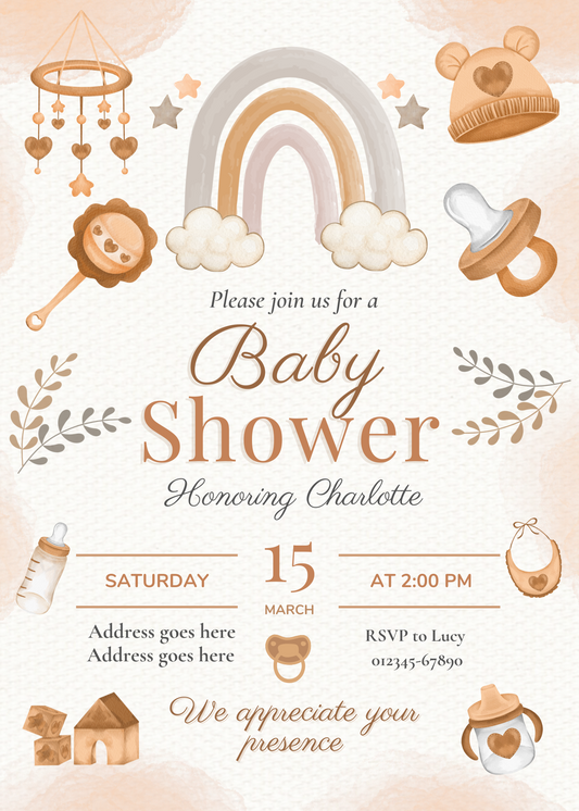Personalised Neutral Pastel Baby Shower Invitation A6 - LB Prints