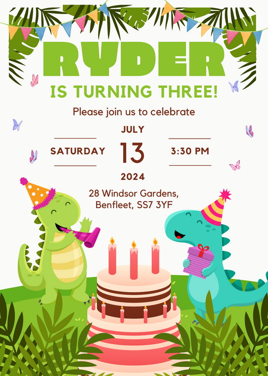 Personalised Dinosaur Theme Birthday Party Invitation A6 - LB Prints