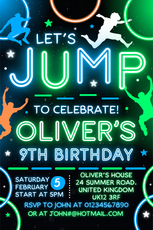 Personalised Neon Jump Birthday Party Invitation A6 - LB Prints