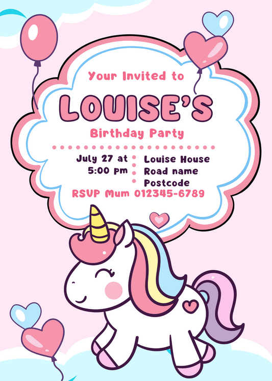 Personalised Unicorn Birthday Party Invitation A6 - LB Prints