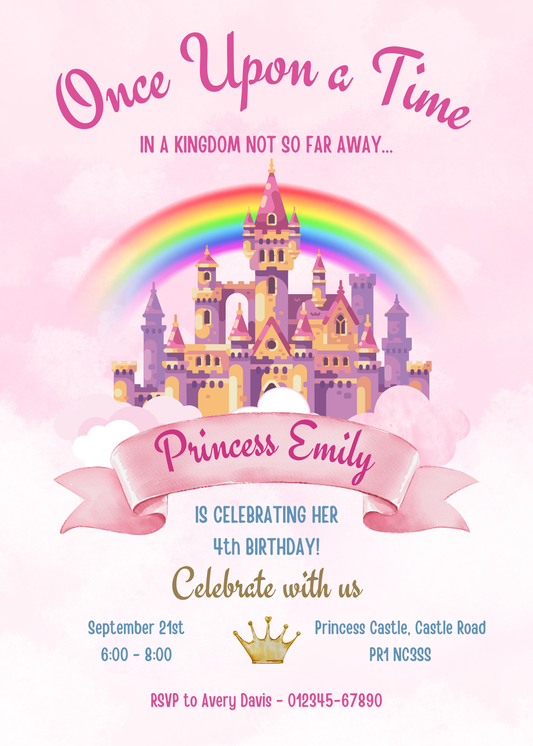 Personalised Princess Theme Birthday Party Invitation A6 - LB Prints