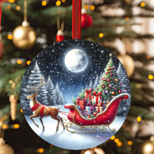 Round Deer & Sleigh Christmas Decoration - LB Prints