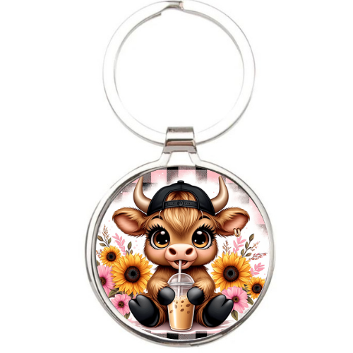 Metal Highland Cow Cap Keyring - LB Prints