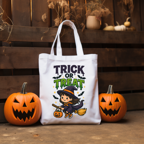 Small Tote Bag White - Girl On Broomstick - LB Prints