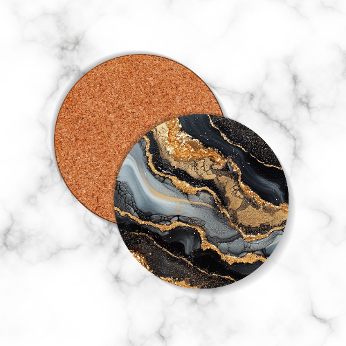 4 x Black & Gold Marble Effect Round Coasters - LB Prints