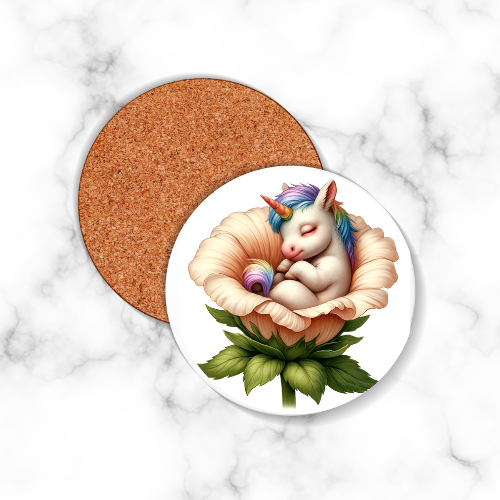 4 x Unicorn Round Coasters Cream Flower - LB Prints