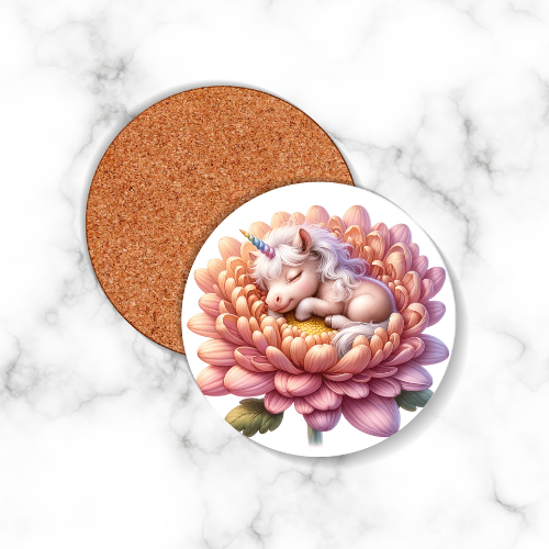 4 x Unicorn Round Coasters Pink Flower - LB Prints