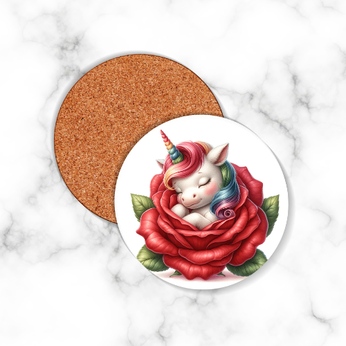 4 x Unicorn Round Coasters Red Flower - LB Prints