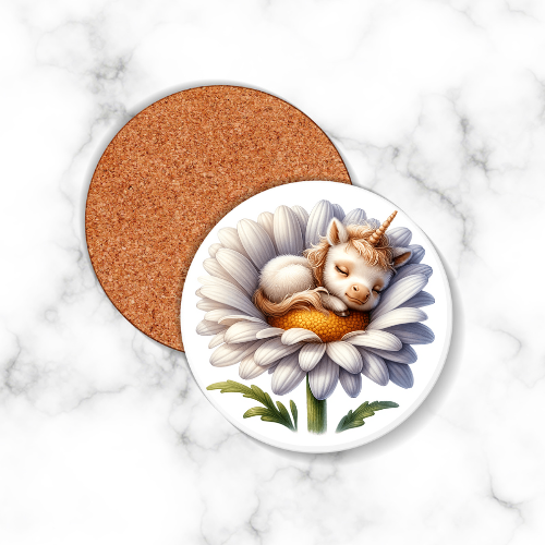 4 x Unicorn Round Coasters White Flower - LB Prints