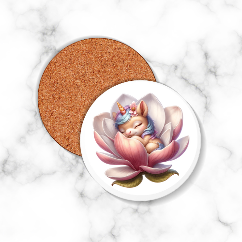 4 x Unicorn Round Coasters Light Pink Flower - LB Prints