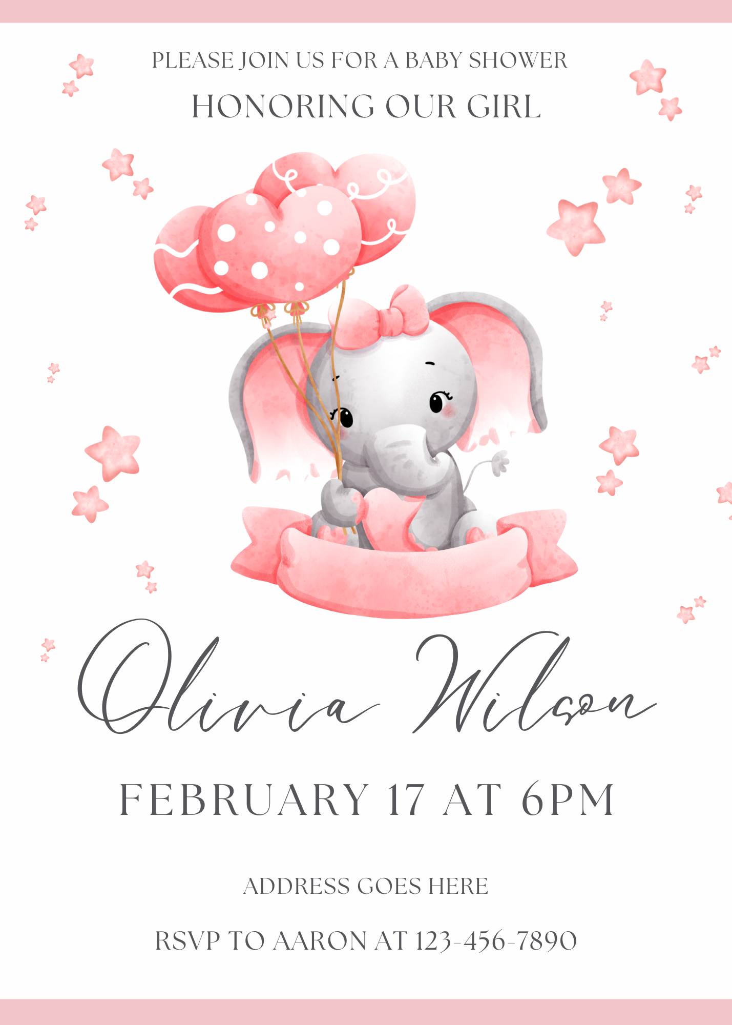 Personalised Pink Elephant Baby Shower Invitation A6 - LB Prints